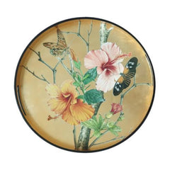 Lacquered Wooden Flowers on Gold Round Tray