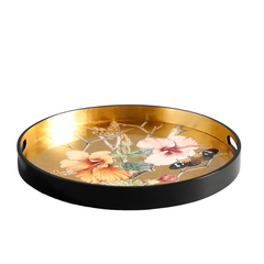 Lacquered Wooden Flowers on Gold Round Tray