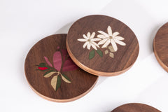 Inlay Flower Coaster Walnut – Set of 5