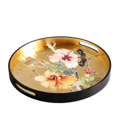Lacquered Wooden Flowers on Gold Round Tray