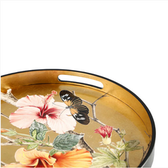 Lacquered Wooden Flowers on Gold Round Tray