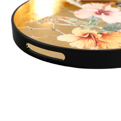 Lacquered Wooden Flowers on Gold Round Tray